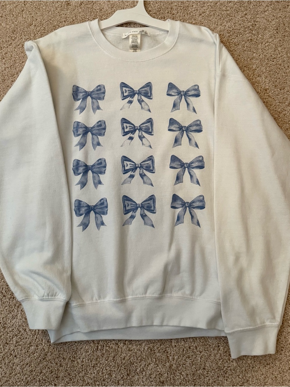 Altar'd State White Pullover Sweatshirt with Blue Bow Grid